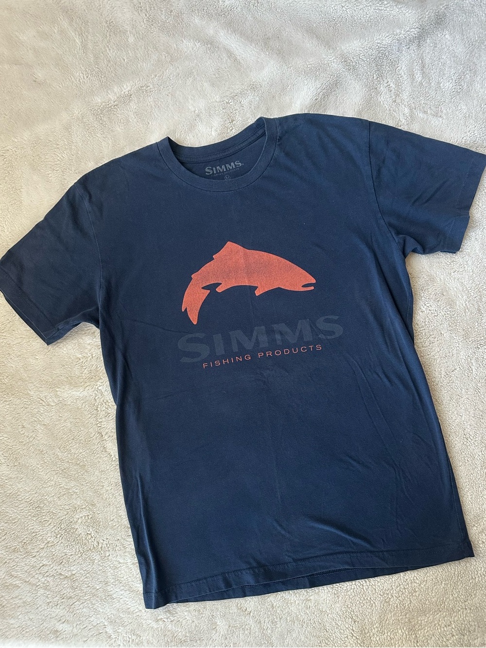 Simms Navy Blue Short Sleeve Tee with Rust Fish Graphic